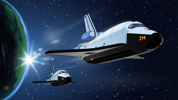 Cartão de ilustração vetorial com nave espacial, ônibus espacial no espaço com a Terra. Programa de história espacial, exploração humana do espaço próximo. Imagem com modelo 3d voando nave espacial. Isolados - Vetor, Imagem