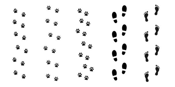 人間と動物の痕跡。ベクターコレクション。ブーツの道だ。猫と犬の痕跡。足跡だ。野生の自然とペット。動物学アイコン. - ベクター画像