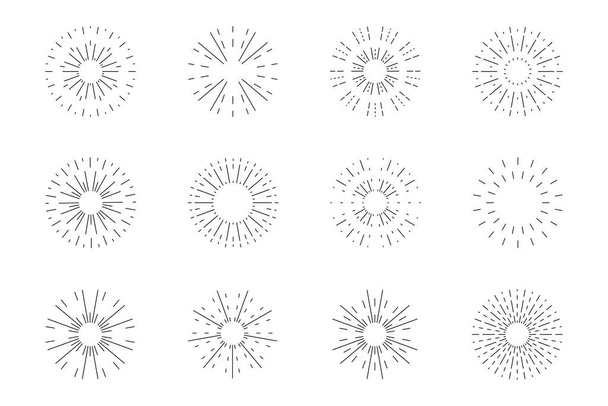 Sunburst line Icon gesetzt. Sammlung von Feuerwerk-Ikonen. Radiale Sonnenstrahlen. Vektordekoration - Vektor, Bild