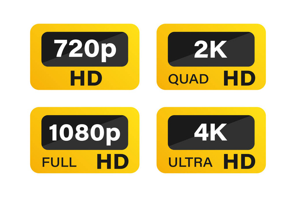 Videó dimenzió címkék. Videó felbontás 720, 1080, 2k, 4k, jelvények. Kijelző és monitor minősége. Teljes HD jel. - Vektor, kép