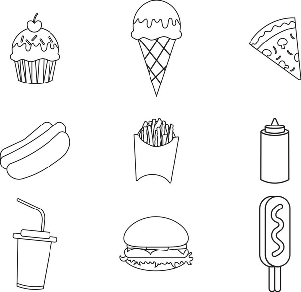 Conjunto de nueve iconos de comida rápida transparentes, blancos y negros.  - Vector, Imagen