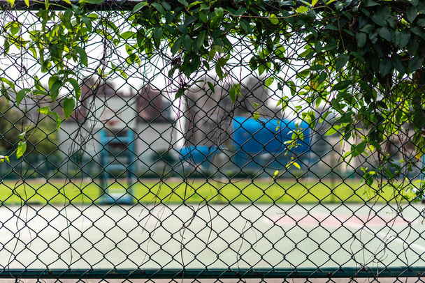 Valla borrosa de malla metálica con cancha de baloncesto - Foto, imagen
