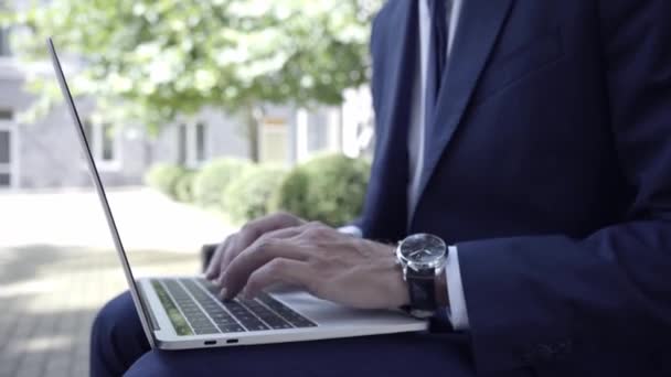 przycięty widok biznesmena z zegarkiem na rękę wpisując na laptopie  - Materiał filmowy, wideo