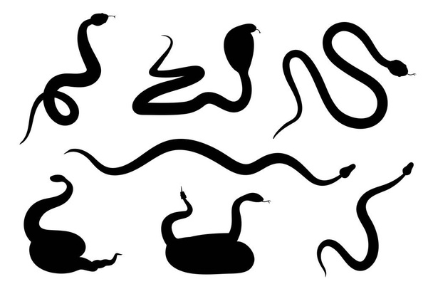Collectie slangensilhouetten geïsoleerd op wit. Verschillende soorten slangen. Cobra, ratelslang, python. - Vector, afbeelding