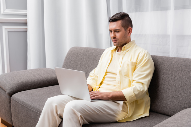 young freelancer in casual clothes sitting on couch with laptop - Фото, изображение