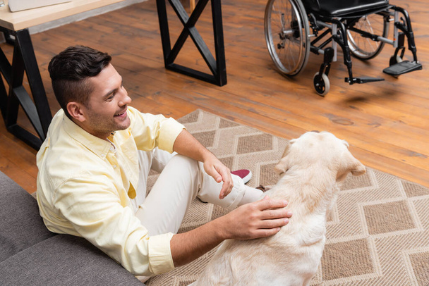 uśmiechnięty, niepełnosprawny mężczyzna głaskający labradora siedząc na podłodze w pobliżu wózka inwalidzkiego - Zdjęcie, obraz