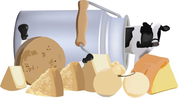 bovine coming out of the milk container and various cheeses - Vector, Image