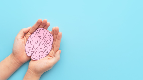 Женские руки держат человеческий мозг, сделанный из бумаги на светло-голубом фоне. Болезнь Альцгеймера, болезнь Паркинсона, слабоумие, инсульт, судороги или психические расстройства. Неврология и психология. - Фото, изображение