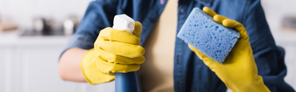 Vista cortada da mulher em luvas de borracha segurando detergente e esponja borrada, banner  - Foto, Imagem