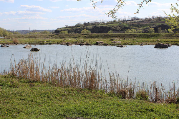 River with large granite stones. Steppe. Nature reserve - 写真・画像