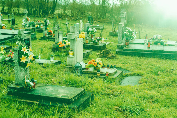 Gravestones on the cemetery.Spring season.High quality photo. - Photo, Image