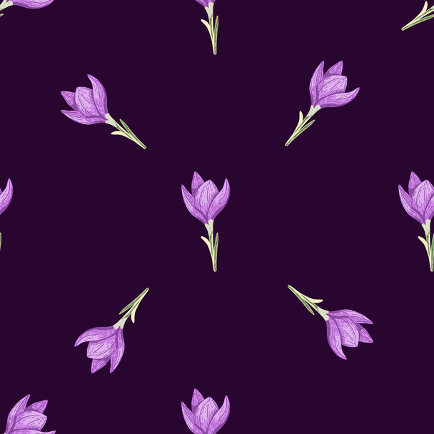 Minimalistisches, nahtloses Doodle-Muster mit leuchtend lila Krokusblütenformen. Dunkelvioletter Hintergrund. Grafikdesign für Verpackungspapier und Textiltexturen. Vektorillustration. - Vektor, Bild