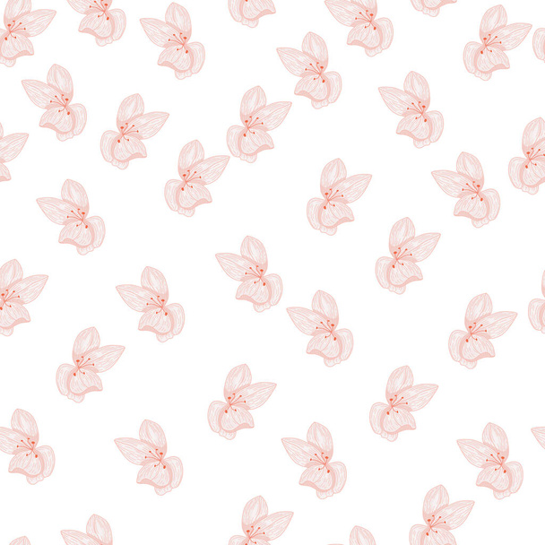 Isolated seamless pattern with pastel pink orchid flowers elements. White background. Random print. Graphic design for wrapping paper and fabric textures. Vector Illustration. - Vector, Image