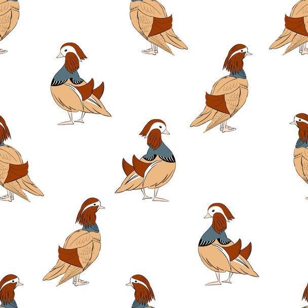 Vector illustration seamless pattern with ducks in ukiyo style, mandarin ducks isolated on white background, can be used for background, in textile, packaging design, banner or card. - Vector, afbeelding