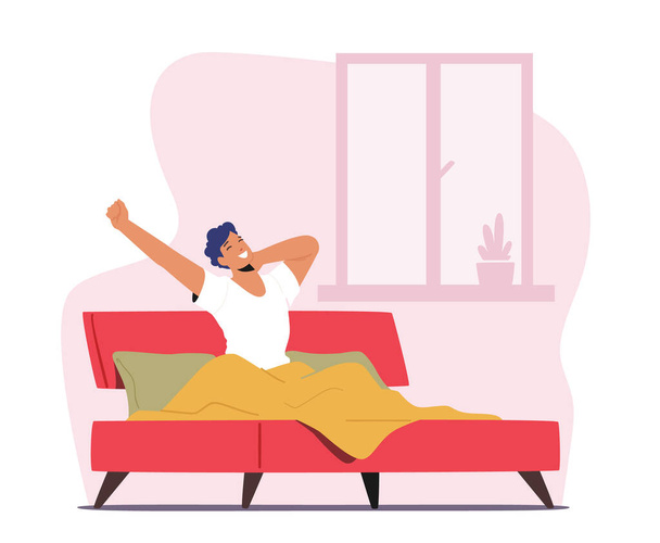 Young Man Waking Up at Morning in Good Mood. Awaken Happy Male Character Stretching Body Sitting on his Bed in Bedroom - Вектор,изображение