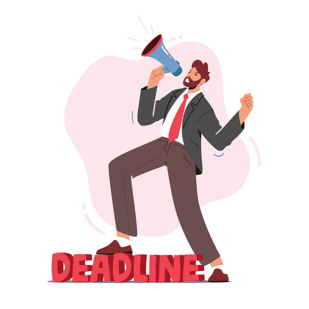 Anxious Businessman Yell in Loudspeaker in Office. Angry Company Boss Character Hurry Workers with Job during Deadline - Vector, Image