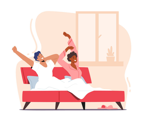 People Everyday Routine, Couple Lifestyle. Young Man and Woman Wake Up at Morning, Awaken Happy Characters on Bed - Vector, Imagen