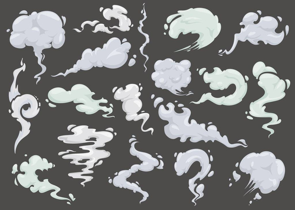 Σύννεφα κινουμένων σχεδίων και τσιγάρα, ατμοί, νέφος και εφέ σχεδιασμού σκόνης. Vector comic έκρηξη καπνού, αυτοκίνητο τοξικό αέριο ίχνος ή ομίχλη, σκάσει διαφορετικά σχήματα μονοπάτια αέρα με στροβιλίσματα, σπείρες και φυσαλίδες - Διάνυσμα, εικόνα