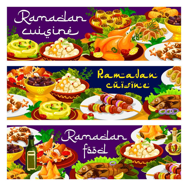ラマダーンフード、イフタール・ビリヤニとイード・ムバラクの食事、イスラム教のメニュー料理、ベクトル・バナー。ラマダーンカレーム伝統的なイフタール料理と宗教的な断食料理、フムスとクナファとのショートブレッド日付 - ベクター画像