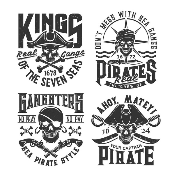 Piraten schedels met wapens t-shirt print template. Corsairs Jolly Roger vlag symbolen, kleding vector print met filibuster, privateer schedels, pistolen en zwaarden, gekruiste botten en vintage typografie - Vector, afbeelding