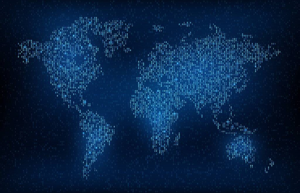 Digitální kód svět mapa pozadí v globální vektorové pozemské sítě. Wold map in neon light blue pixels on digital display screen, worldwide connection and telecommunication technology - Vektor, obrázek