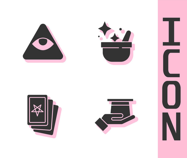 Set Magician hat in hand, Masons, Three tarot cards and Witch cauldron icon. Vector - Vector, Image