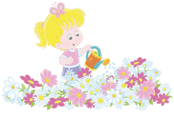 Happy little girl watering colorful garden flowers on a pretty small flowerbed on a summer day, vector cartoon illustration isolated on a white background - Vektori, kuva