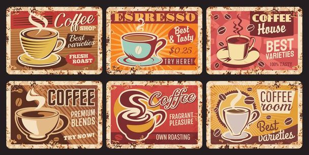 Café Espresso, Kaffeestube Blechschild, Café oder Restaurant Heißgetränke rostige Metallplatte. Kaffeebohnen Premium-Mischungen Grunge-Teller mit Vektor Porzellantasse auf Untertasse, Typografie und Rostbeschaffenheit - Vektor, Bild