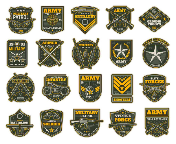 Військові та армійські патчі або ікони, векторні шеврони для снайперів, стрільців, моторизована піхота та елітні сили. Польовий батальйон, стрільці та військове патрулювання, ізольовані армійські знаки зі зброєю
 - Вектор, зображення