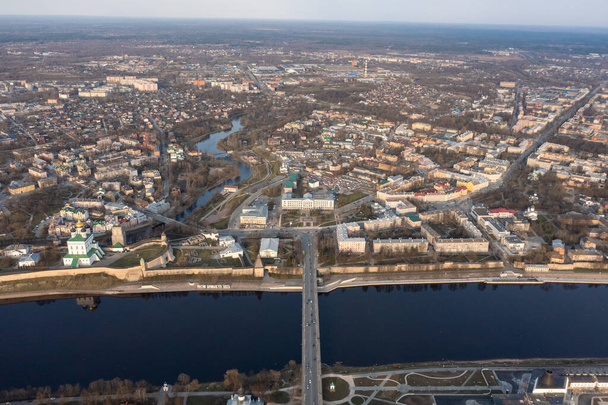 View from a great height to the center of the city of Pskov and the Velikaya River. - Фото, изображение