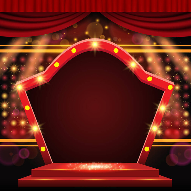 Background with red curtain and arch banner. Design for presentation, concert, show. Vector illustration - Vetor, Imagem