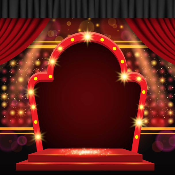 赤いカーテンとアーチバナー付きの背景。プレゼンテーション、コンサート、ショーのためのデザイン。ベクターイラスト - ベクター画像