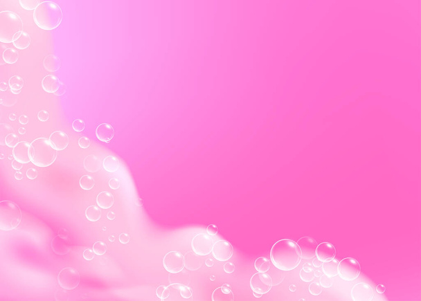 Fundo brilhante bonito com espuma de banho rosa e lugar vazio para o seu texto. Shampoo bolhas textura. Shampoo rosa espumante e espuma de banho. Ilustração realista vetorial. - Vetor, Imagem