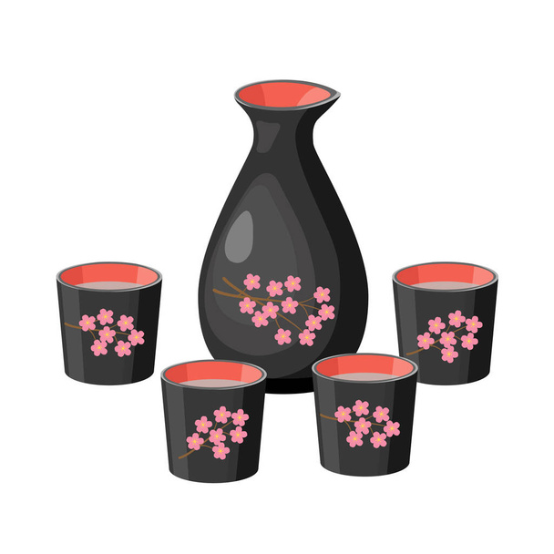 Sakura ile boyanmış sake şişeleri. Beyaz arka planda siyah süslemeli şişeler, pirinç şarabı ve fincanlar.. - Vektör, Görsel