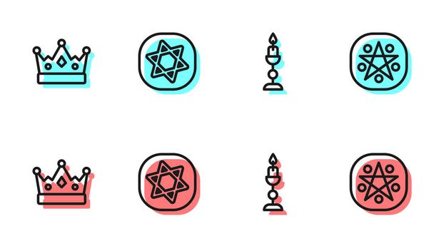 Set line Burning candle, King crown, Tarot cards and Pentagram circle icon. Vector - Vector, Image