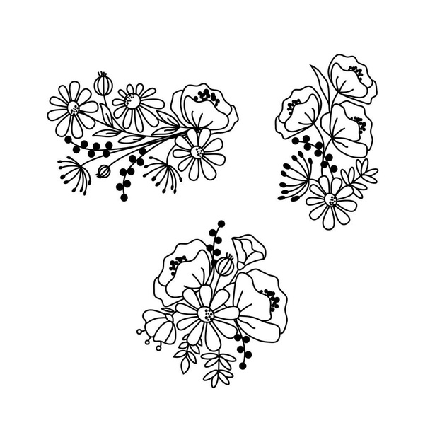Hand drawn wildflowers. Black and white doodle wild flowers and grass plants. Monochrome floral elements. - Vektör, Görsel