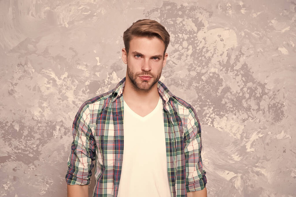 Guy looking his best. Man abstract background. Handsome man in casual style. Unshaven man with beard hair. Barbershop. Caucasian man wear plaid shirt. Fashion and style. Be yourself - Photo, Image