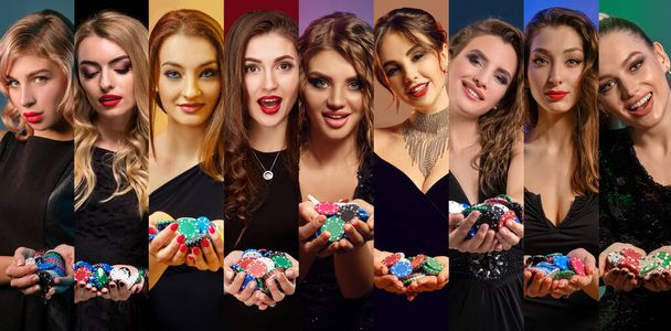 Collage of girls in stylish dresses and jewelry. They smiling, showing handfuls of chips, posing against colorful backgrounds. Poker, casino. Close-up - Photo, Image