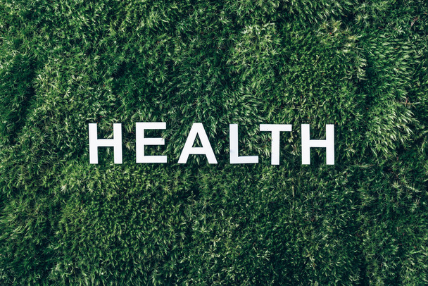 Word Health auf Moos, grünem Gras Hintergrund. Ansicht von oben. Kopierraum. Banner. Biophilie-Trend. Natur-Kulisse. Konzept für psychische Gesundheit - Foto, Bild