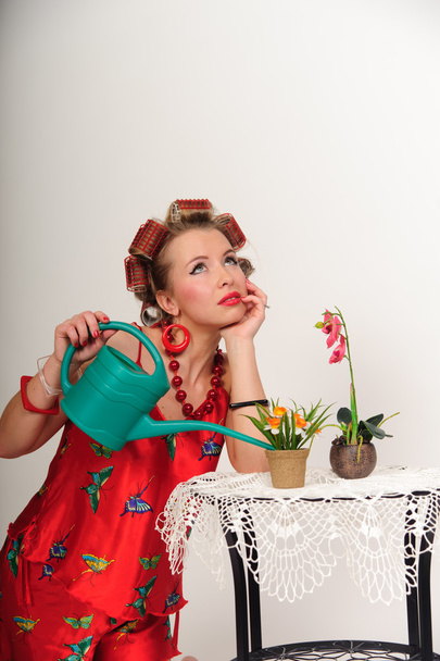 Sexy Pin Up Girl watering the flowers - Foto, Imagen