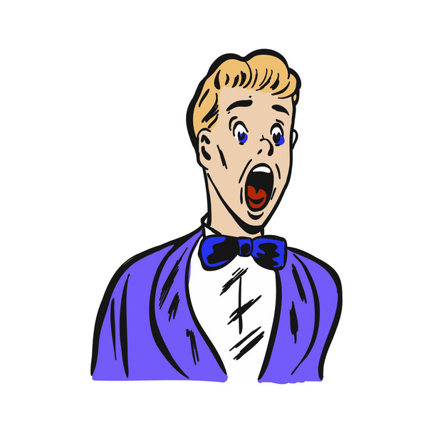 Wow pop art male face. Surprised happy young man in suit, bow tie and glasses with open mouth rises hands screaming announcement. Vector illustration in retro comic style. Party invitation poster. - Vector, Image