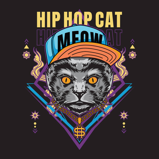 Hip hop gato camiseta diseño vector ilustración estilo adecuado para cartel, volante, tarjetas de felicitación, pegatina, redes sociales y diseño de la camiseta - Vector, Imagen
