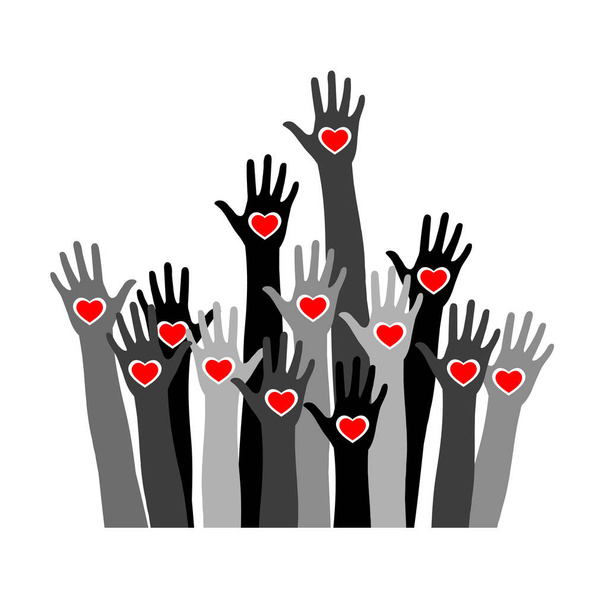 Mãos para cima com corações em suas palmas Voluntários mãos para cima com ícone de emblema do coração  - Foto, Imagem