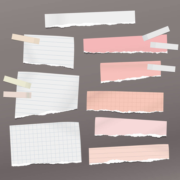 Conjunto de piezas de papel rosa rasgado, nota blanca, cuaderno con cinta adhesiva pegada sobre fondo gris oscuro. Ilustración vectorial - Vector, imagen