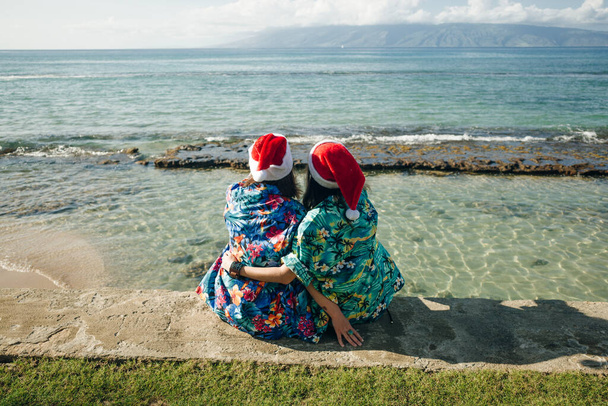 holky v havajských košilích sedí na pláži o Vánocích na Havaji. Kvalitní fotografie - Fotografie, Obrázek