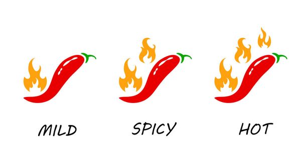 Hot red pepper illustration. Peppery levels. Mild, Spicy and Hot. Icons with flames - Vector, Image