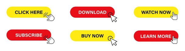 Différents boutons web avec curseur. Cliquez ici, abonnez-vous, achetez maintenant et d'autres. Jeu de boutons design UI - Vecteur, image