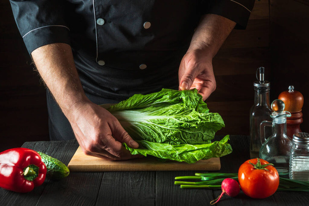 Um chef profissional faz uma salada de repolho de napa fresca. Preparação para cortar na cozinha do restaurante. Ideia de dieta vegetal. - Foto, Imagem
