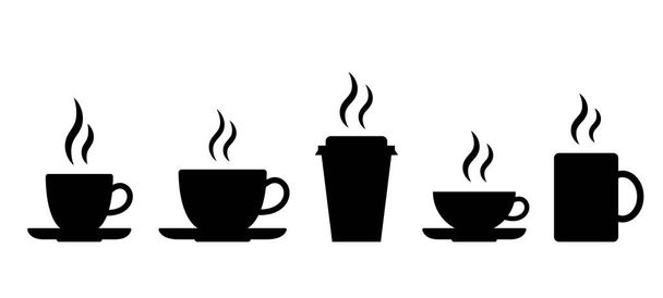 Kahve ve çay fincanları siyah siluetler. Sıcak içecek ikonları. Kafe ya da restoran tabelaları. Vektör seti - Vektör, Görsel