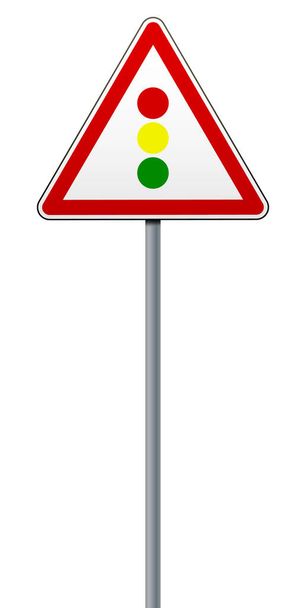 Warning road sign Traffic light regulation. A road sign on a metal pole. The isolated object on a white background. Vector illustration. - Vector, Image
